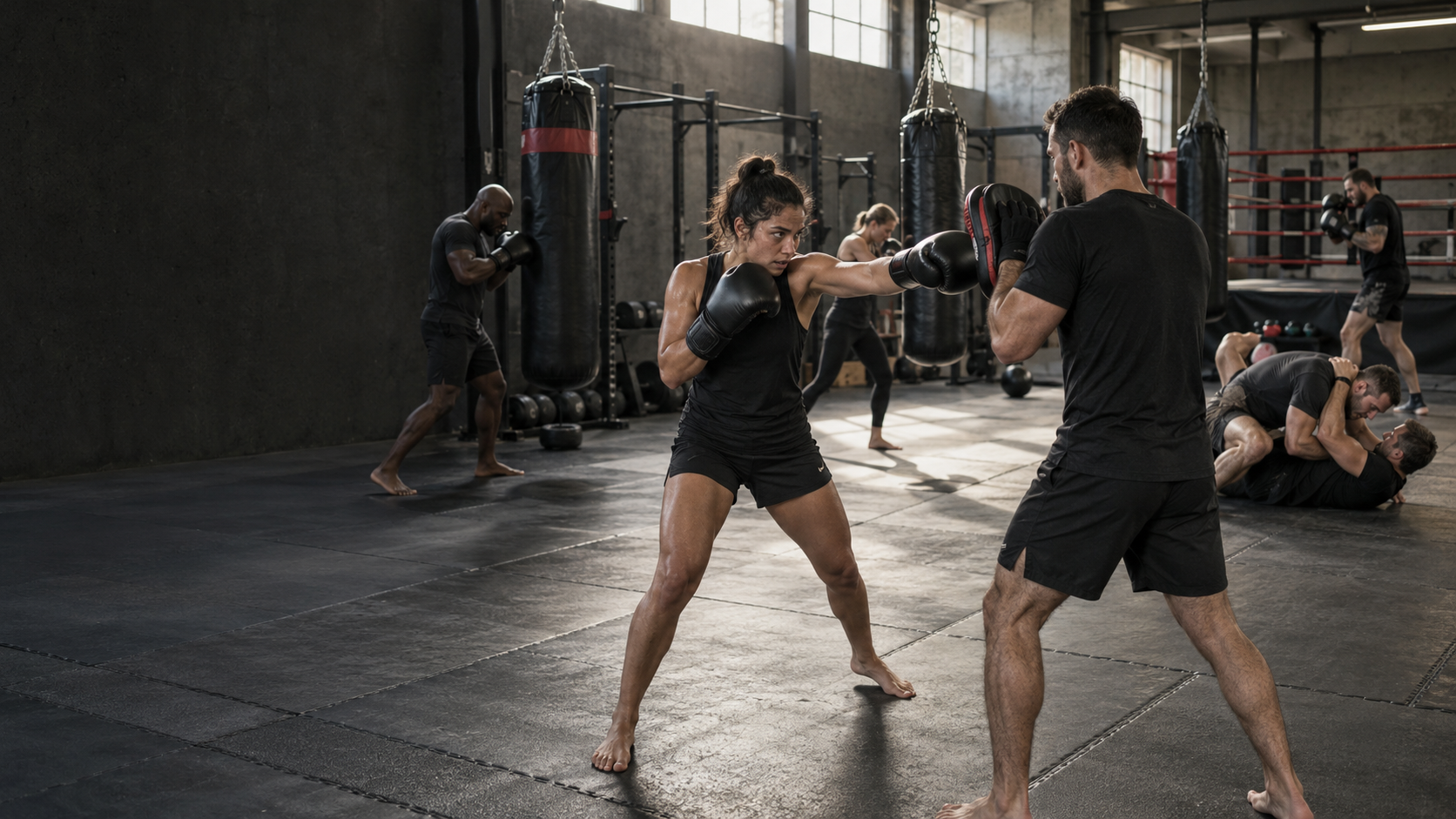 Adult athletes training inside a fictional industrial combat gym